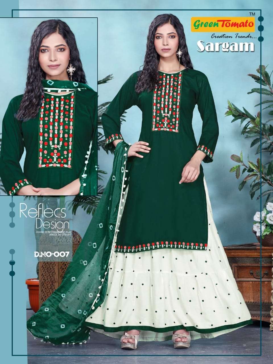 SARGAM BY GREEN TOMATO 001 TO 008 SERIES BEAUTIFUL SUITS COLORFUL STYLISH FANCY CASUAL WEAR & ETHNIC WEAR HEAVY RAYON EMBROIDERED DRESSES AT WHOLESALE PRICE