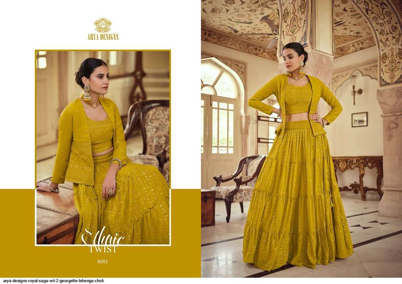 ROYAL SAGA VOL-2 BY ARYA DESIGNS 8201 TO 8207 SERIES BEAUTIFUL COLORFUL FANCY WEDDING COLLECTION OCCASIONAL WEAR & PARTY WEAR GEORGETTE/CREPE/SILK LEHENGAS AT WHOLESALE PRICE