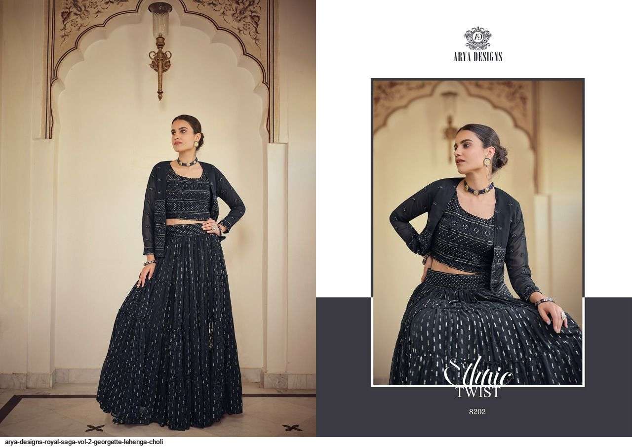 ROYAL SAGA VOL-2 BY ARYA DESIGNS 8201 TO 8207 SERIES BEAUTIFUL COLORFUL FANCY WEDDING COLLECTION OCCASIONAL WEAR & PARTY WEAR GEORGETTE/CREPE/SILK LEHENGAS AT WHOLESALE PRICE