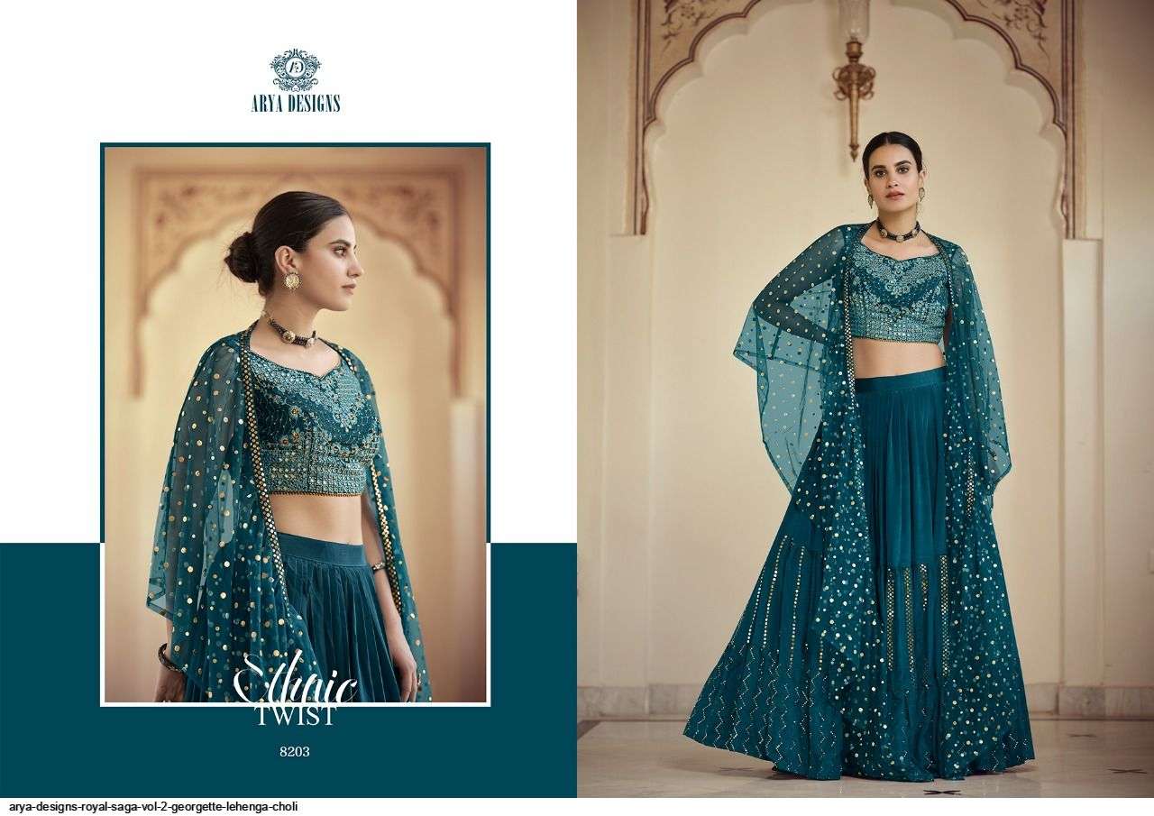 ROYAL SAGA VOL-2 BY ARYA DESIGNS 8201 TO 8207 SERIES BEAUTIFUL COLORFUL FANCY WEDDING COLLECTION OCCASIONAL WEAR & PARTY WEAR GEORGETTE/CREPE/SILK LEHENGAS AT WHOLESALE PRICE