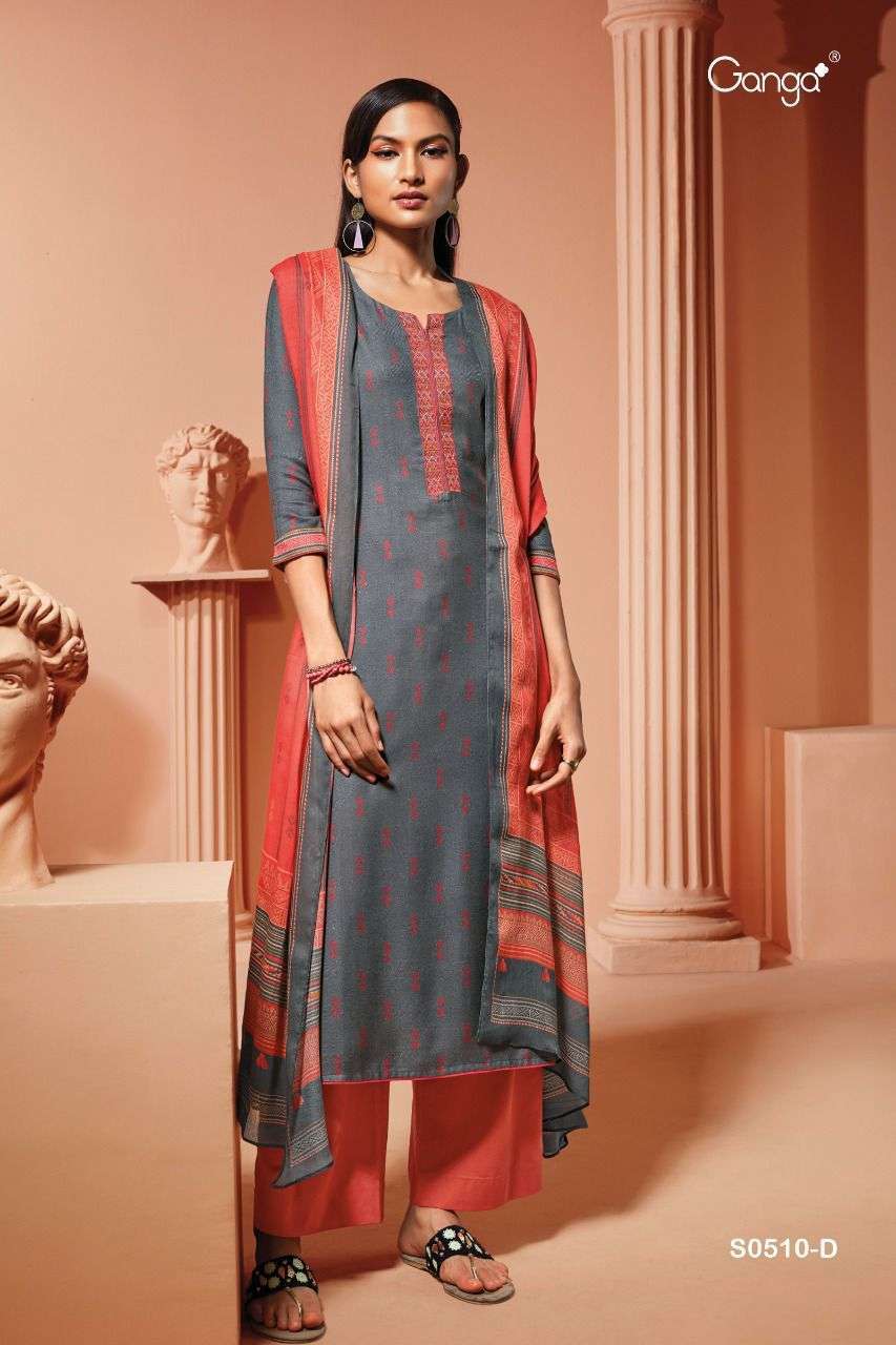 HIRAYA-510 BY GANGA FASHION 510-A TO 510-D SERIES BEAUTIFUL SUITS COLORFUL STYLISH FANCY CASUAL WEAR & ETHNIC WEAR WOOL DOBBY PRINT WITH EMBROIDERY WORK DRESSES AT WHOLESALE PRICE