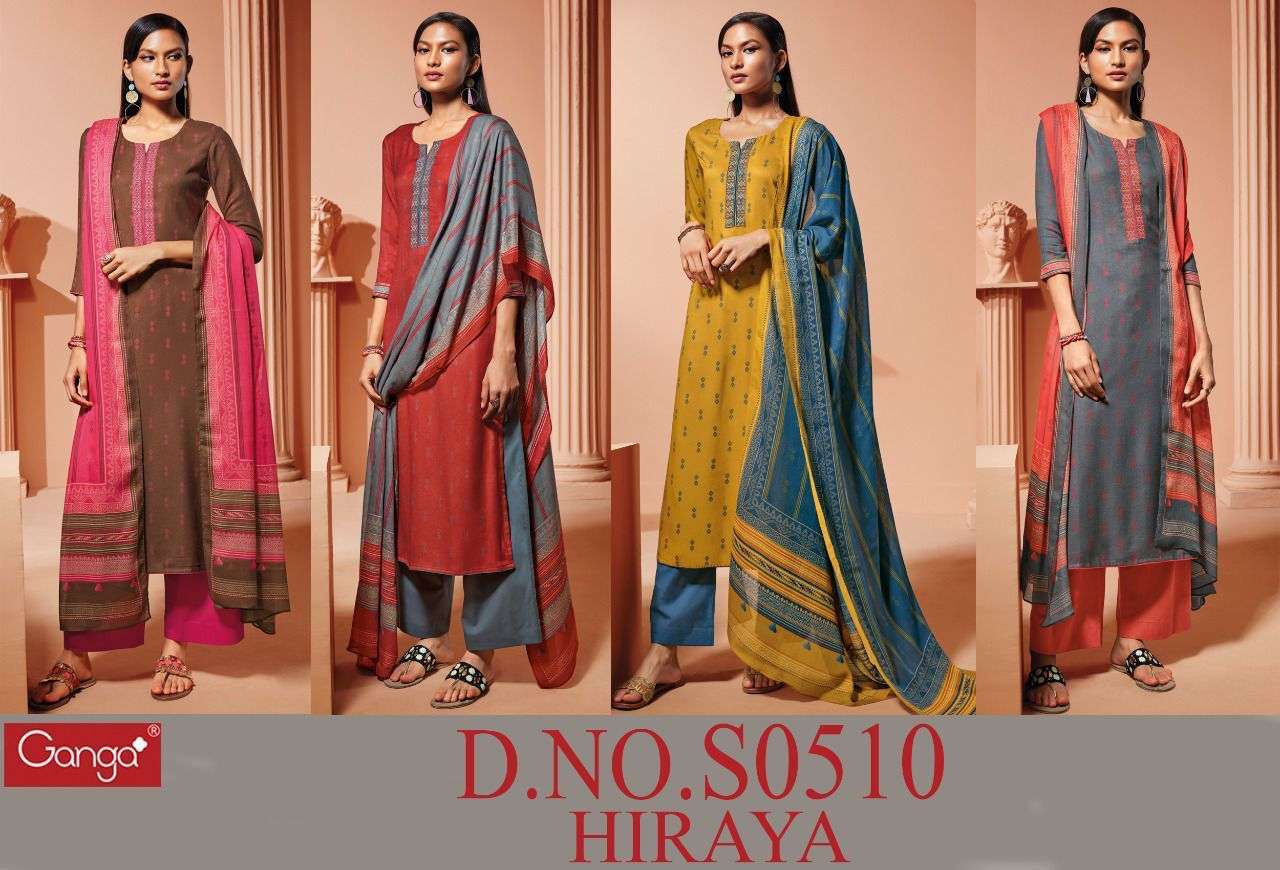 HIRAYA-510 BY GANGA FASHION 510-A TO 510-D SERIES BEAUTIFUL SUITS COLORFUL STYLISH FANCY CASUAL WEAR & ETHNIC WEAR WOOL DOBBY PRINT WITH EMBROIDERY WORK DRESSES AT WHOLESALE PRICE