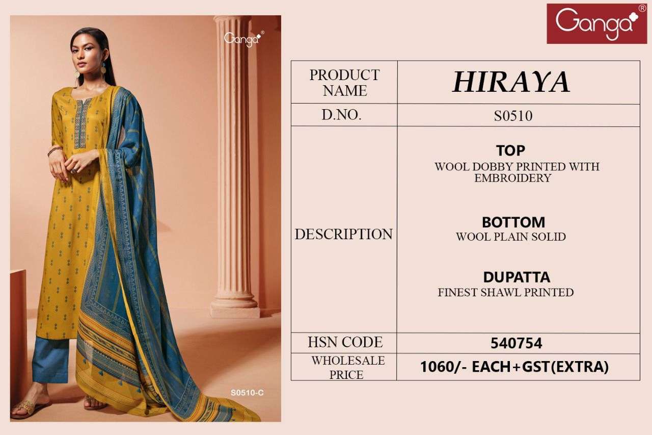 HIRAYA-510 BY GANGA FASHION 510-A TO 510-D SERIES BEAUTIFUL SUITS COLORFUL STYLISH FANCY CASUAL WEAR & ETHNIC WEAR WOOL DOBBY PRINT WITH EMBROIDERY WORK DRESSES AT WHOLESALE PRICE