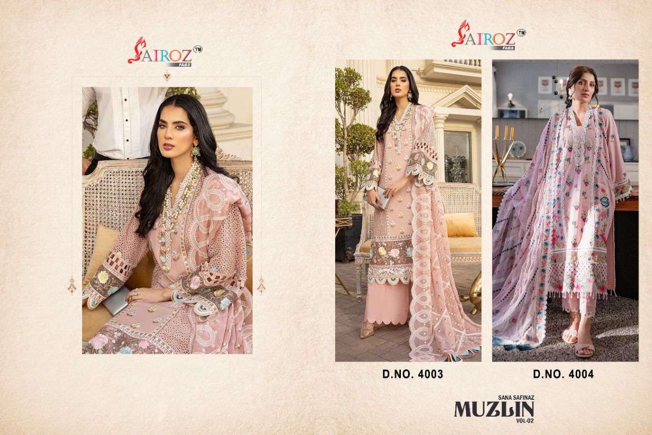 SANA SAFINAZ MUZLIN VOL-2 BY SAIROZ FABS 4003 TO 4004 SERIES PAKISTANI STYLISH BEAUTIFUL COLOURFUL PRINTED & EMBROIDERED PARTY WEAR & OCCASIONAL WEAR PASHMINA EMBROIDERED DRESSES AT WHOLESALE PRICE