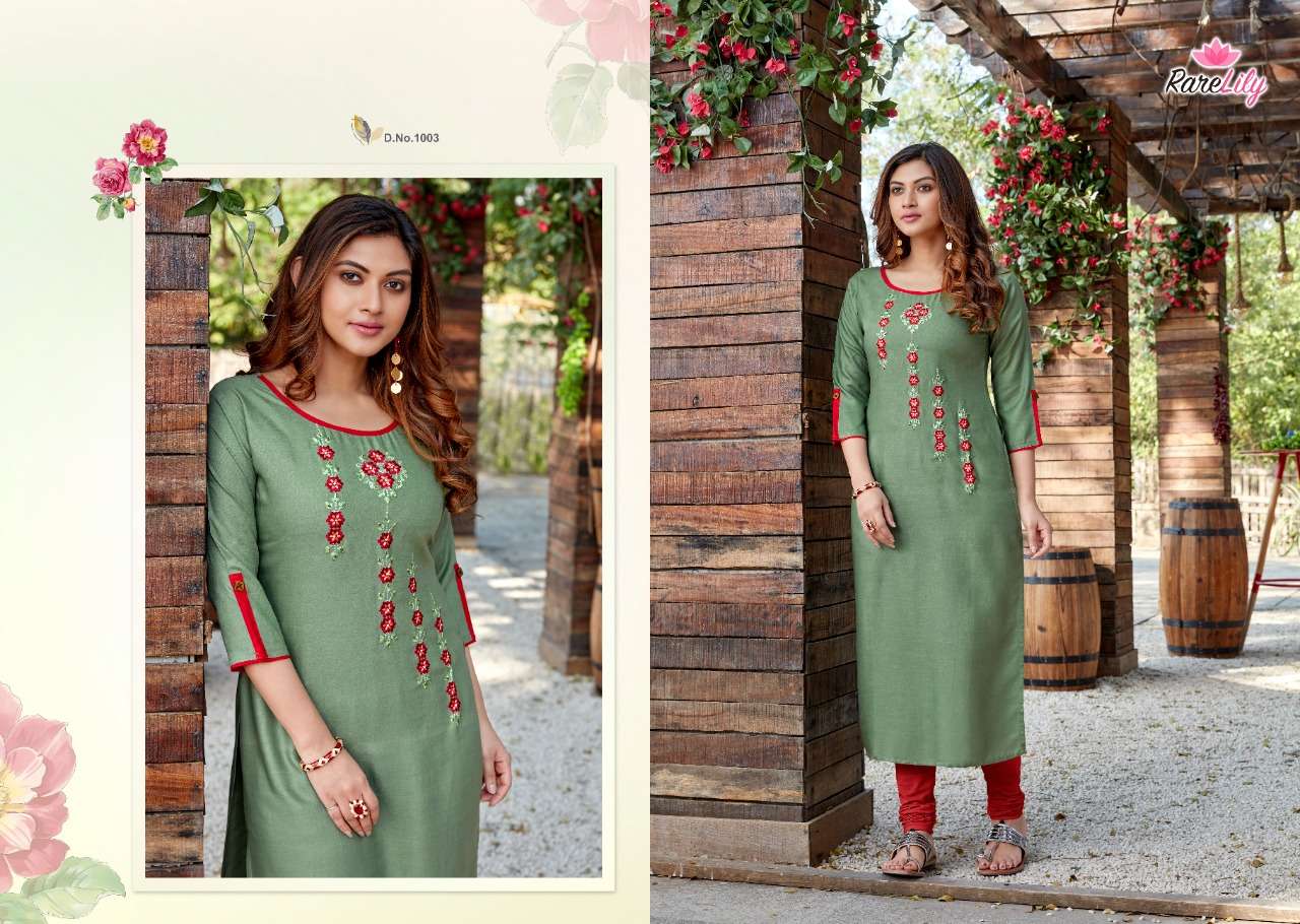 SENORITA BY RARE LILY 1001 TO 1009 SERIES DESIGNER STYLISH FANCY COLORFUL BEAUTIFUL PARTY WEAR & ETHNIC WEAR COLLECTION RAYON WITH WORK KURTIS AT WHOLESALE PRICE