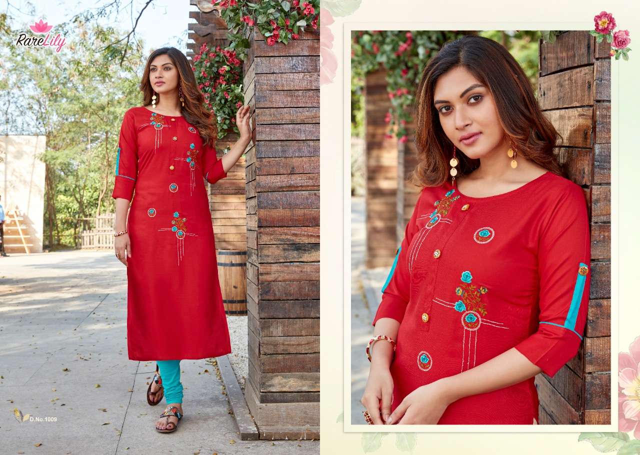 SENORITA BY RARE LILY 1001 TO 1009 SERIES DESIGNER STYLISH FANCY COLORFUL BEAUTIFUL PARTY WEAR & ETHNIC WEAR COLLECTION RAYON WITH WORK KURTIS AT WHOLESALE PRICE