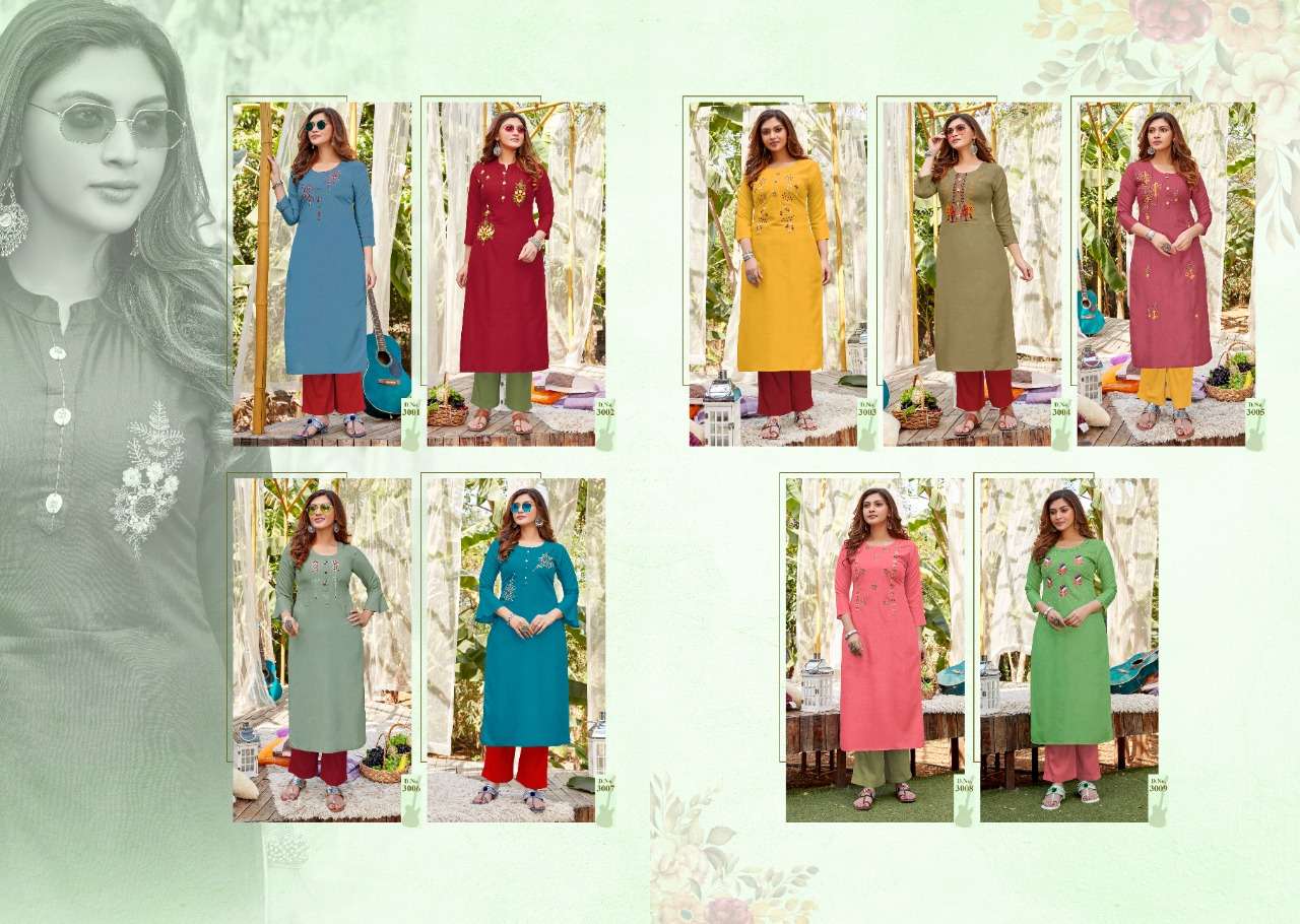 OVI BY RARE LILY 3001 TO 3009 SERIES DESIGNER STYLISH FANCY COLORFUL BEAUTIFUL PARTY WEAR & ETHNIC WEAR COLLECTION HEAVY RAYON WITH WORK KURTIS AT WHOLESALE PRICE