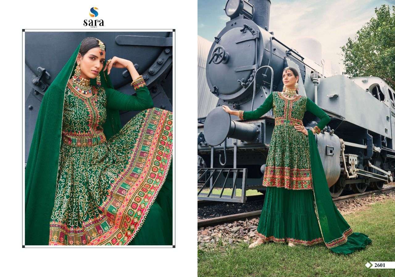 MANDAGINI BY SARA TRENDZ 2601 TO 2604 SERIES BEAUTIFUL STYLISH SHARARA SUITS FANCY COLORFUL CASUAL WEAR & ETHNIC WEAR & READY TO WEAR CHINNON EMBROIDERED DRESSES AT WHOLESALE PRICE