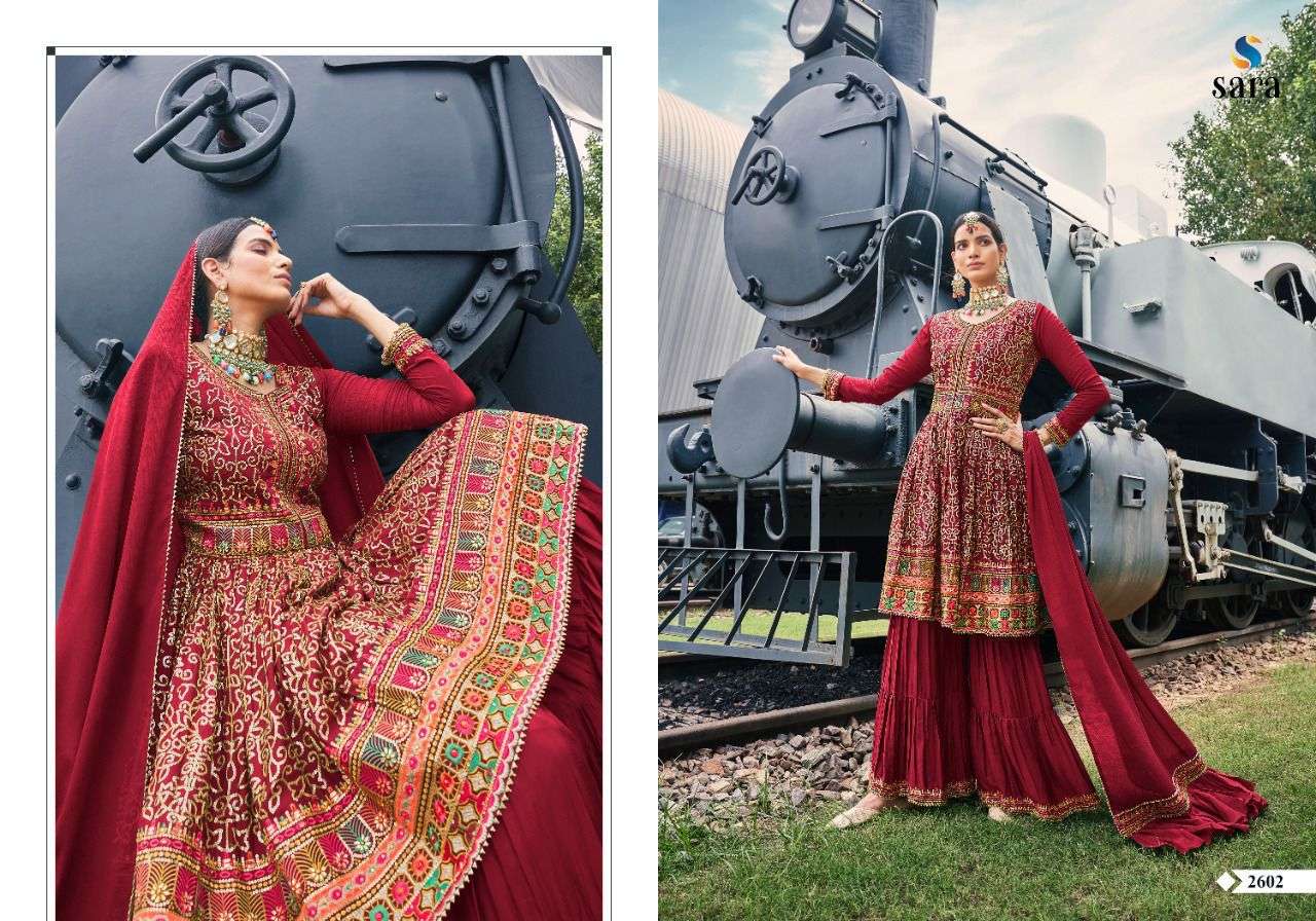 MANDAGINI BY SARA TRENDZ 2601 TO 2604 SERIES BEAUTIFUL STYLISH SHARARA SUITS FANCY COLORFUL CASUAL WEAR & ETHNIC WEAR & READY TO WEAR CHINNON EMBROIDERED DRESSES AT WHOLESALE PRICE