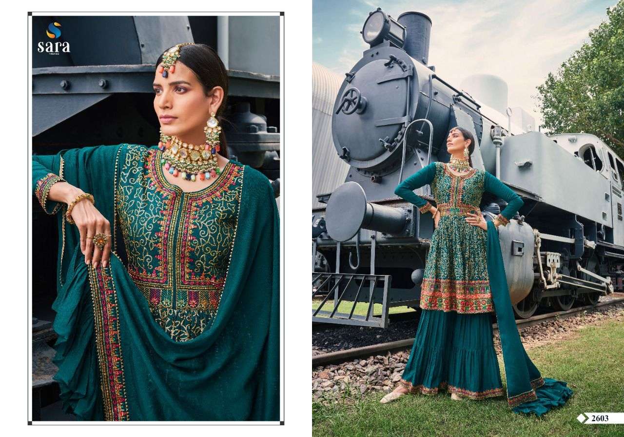 MANDAGINI BY SARA TRENDZ 2601 TO 2604 SERIES BEAUTIFUL STYLISH SHARARA SUITS FANCY COLORFUL CASUAL WEAR & ETHNIC WEAR & READY TO WEAR CHINNON EMBROIDERED DRESSES AT WHOLESALE PRICE