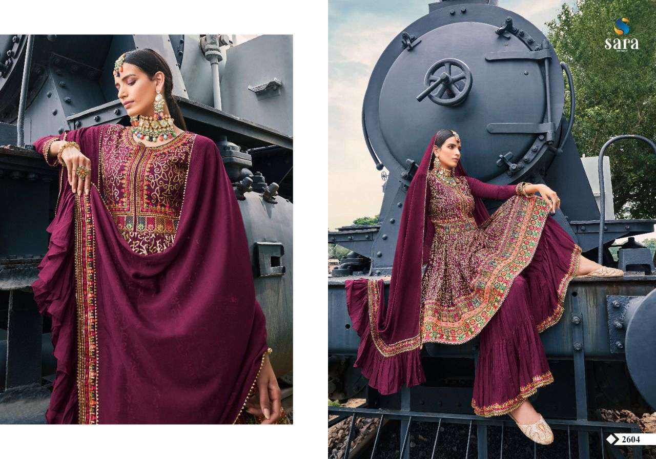 MANDAGINI BY SARA TRENDZ 2601 TO 2604 SERIES BEAUTIFUL STYLISH SHARARA SUITS FANCY COLORFUL CASUAL WEAR & ETHNIC WEAR & READY TO WEAR CHINNON EMBROIDERED DRESSES AT WHOLESALE PRICE