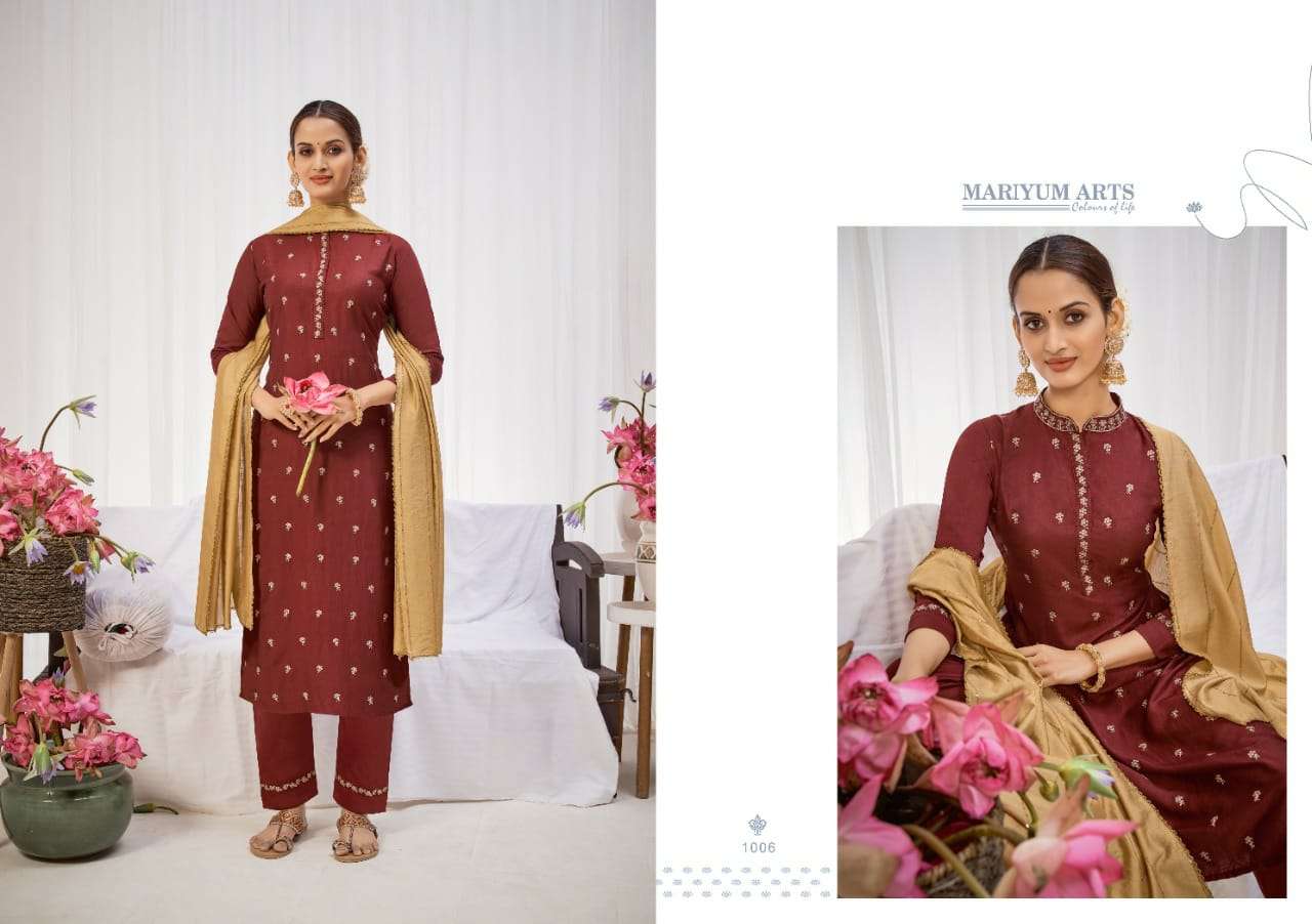 KASHIDA BY MARIYUM ARTS 1001 TO 1006 SERIES BEAUTIFUL SUITS COLORFUL STYLISH FANCY CASUAL WEAR & ETHNIC WEAR PURE SILK EMBROIDERED DRESSES AT WHOLESALE PRICE