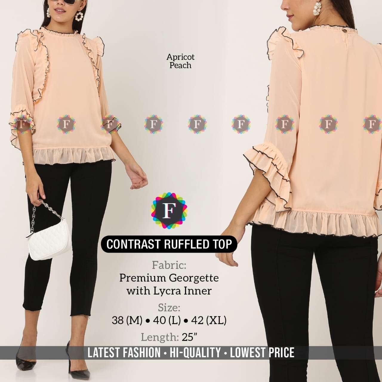 CONTRAST RUFFLED TOP BY FIESTA 01 TO 08 SERIES BEAUTIFUL STYLISH FANCY COLORFUL CASUAL WEAR & ETHNIC WEAR PREMIUM GEORGETTE TOPS AT WHOLESALE PRICE