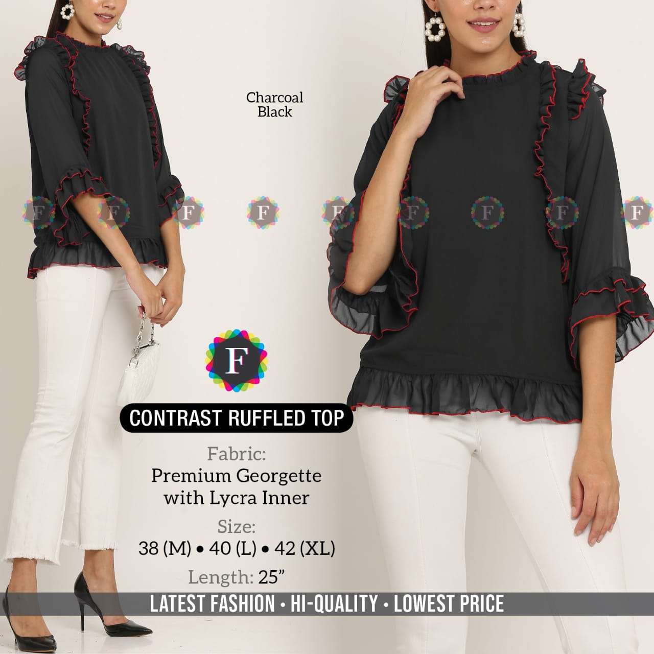 CONTRAST RUFFLED TOP BY FIESTA 01 TO 08 SERIES BEAUTIFUL STYLISH FANCY COLORFUL CASUAL WEAR & ETHNIC WEAR PREMIUM GEORGETTE TOPS AT WHOLESALE PRICE