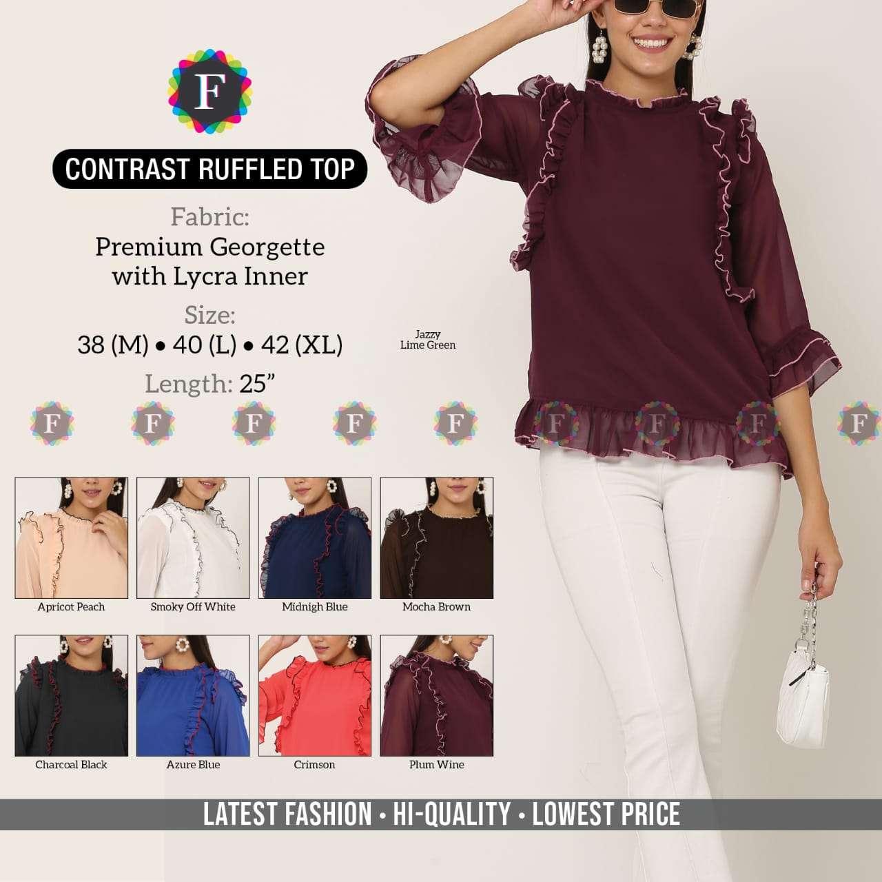 CONTRAST RUFFLED TOP BY FIESTA 01 TO 08 SERIES BEAUTIFUL STYLISH FANCY COLORFUL CASUAL WEAR & ETHNIC WEAR PREMIUM GEORGETTE TOPS AT WHOLESALE PRICE