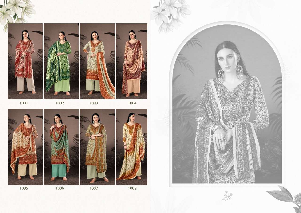 NAAZ BY KESARIYA 1001 TO 1008 SERIES BEAUTIFUL STYLISH SHARARA SUITS FANCY COLORFUL CASUAL WEAR & ETHNIC WEAR & READY TO WEAR PASHMINA JACQUARD PRINTED DRESSES AT WHOLESALE PRICE