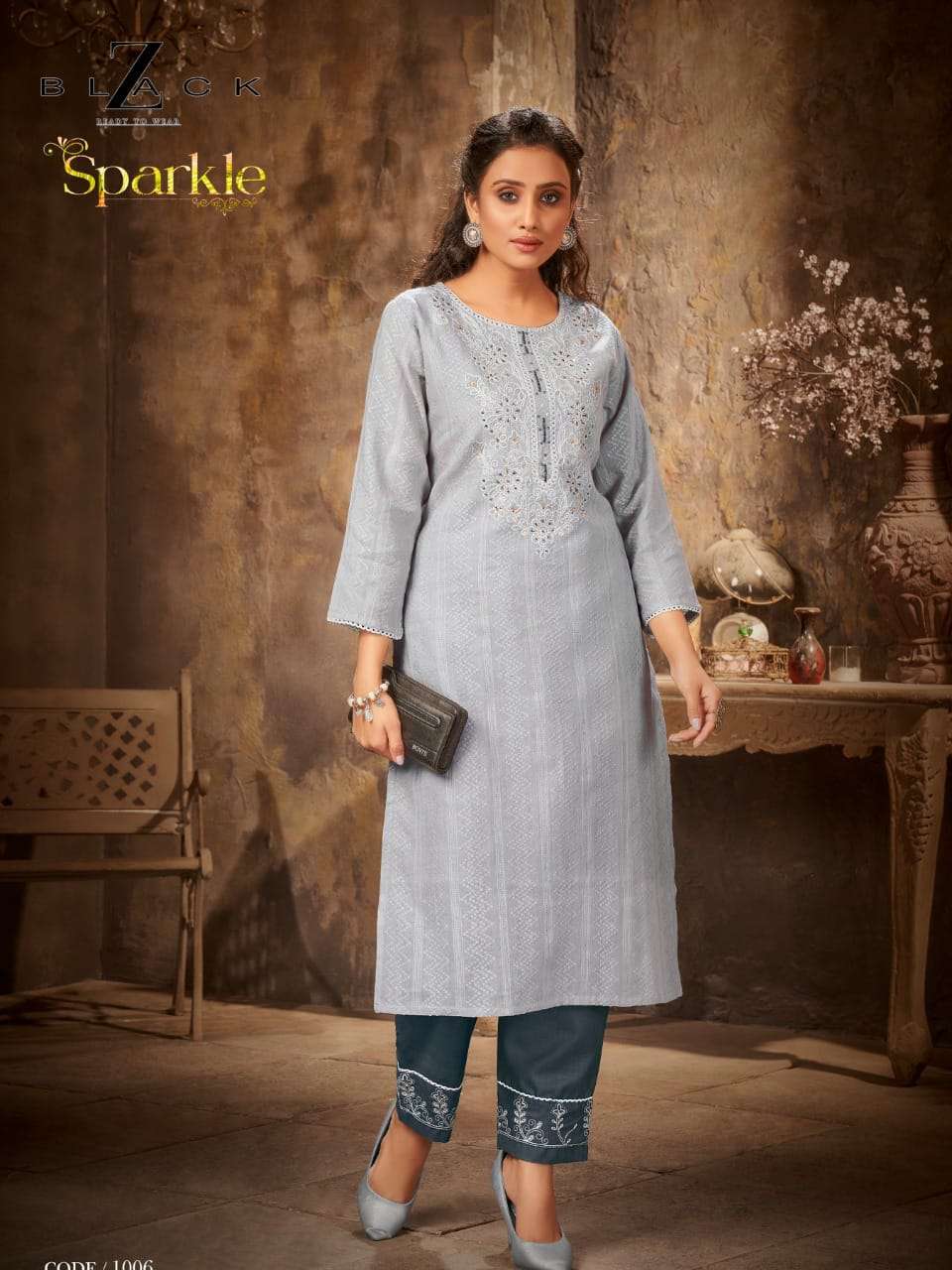SPARKLE BY Z BLACK 1001 TO 1006 SERIES DESIGNER STYLISH FANCY COLORFUL BEAUTIFUL PARTY WEAR & ETHNIC WEAR COLLECTION PURE COTTON WITH EMBROIDERY KURTIS WITH BOTTOM AT WHOLESALE PRICE