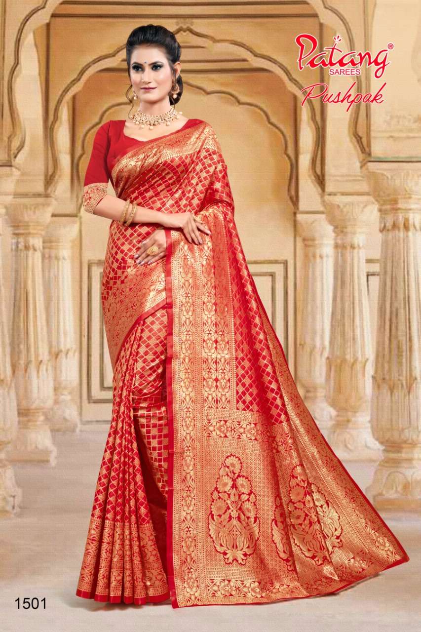 PUSHPAK BY PATANG SAREES 1501 TO 1508 SERIES INDIAN TRADITIONAL WEAR COLLECTION BEAUTIFUL STYLISH FANCY COLORFUL PARTY WEAR & OCCASIONAL WEAR SILK SAREES AT WHOLESALE PRICE