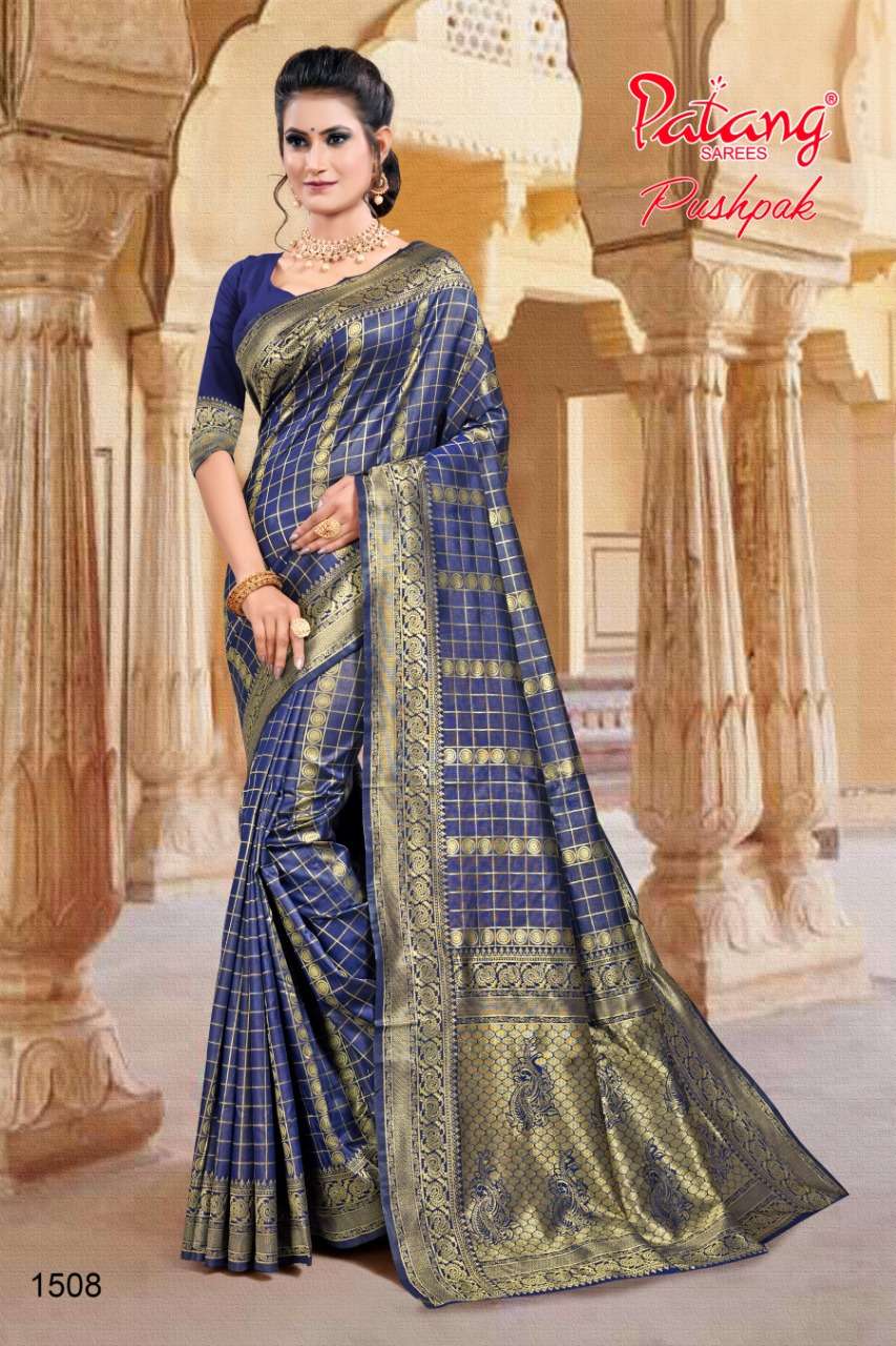 PUSHPAK BY PATANG SAREES 1501 TO 1508 SERIES INDIAN TRADITIONAL WEAR COLLECTION BEAUTIFUL STYLISH FANCY COLORFUL PARTY WEAR & OCCASIONAL WEAR SILK SAREES AT WHOLESALE PRICE