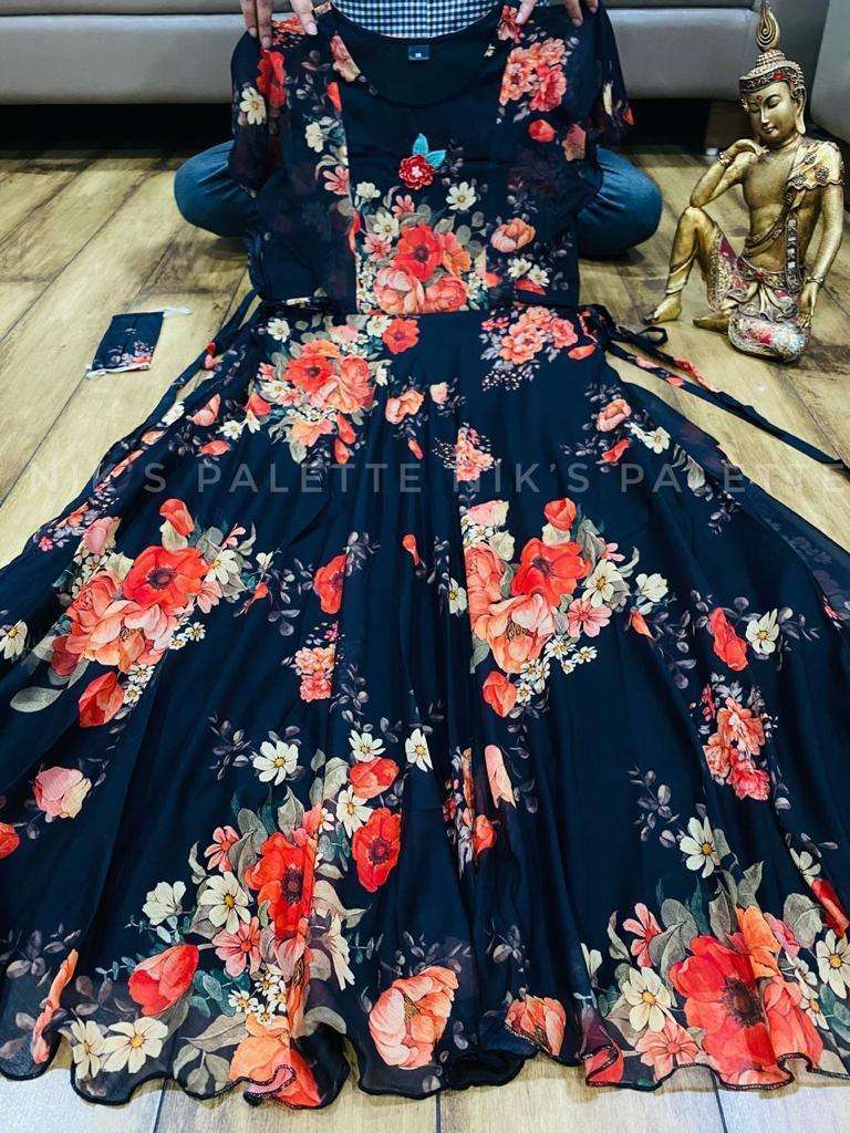 Blue Readymade Flared Gown With Digital Print 258GW03