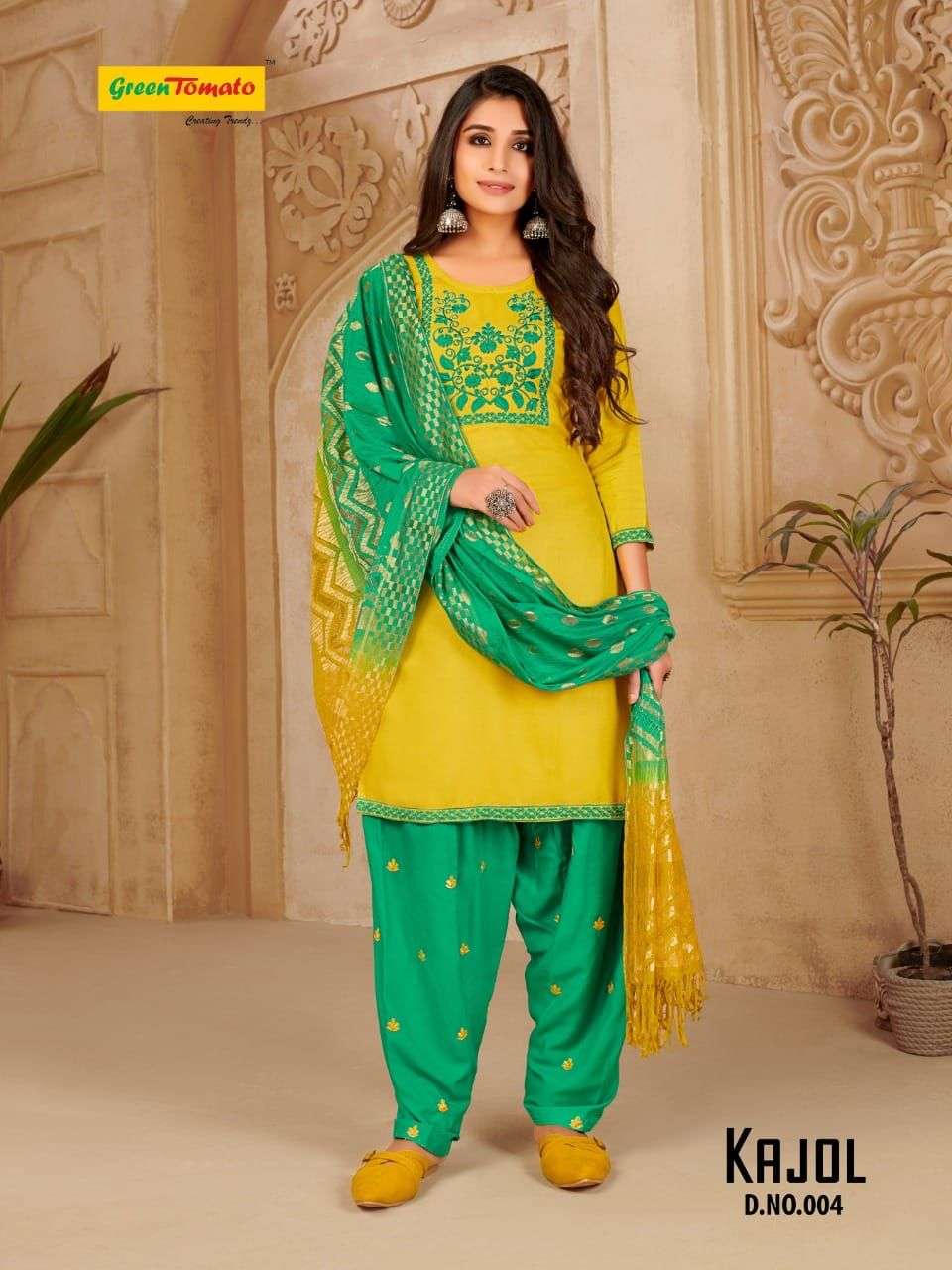 KAJOL BY GREEN TOMATO 001 TO 008 SERIES BEAUTIFUL PATIYALA SUITS COLORFUL STYLISH FANCY CASUAL WEAR & ETHNIC WEAR RAYON EMBROIDERED DRESSES AT WHOLESALE PRICE