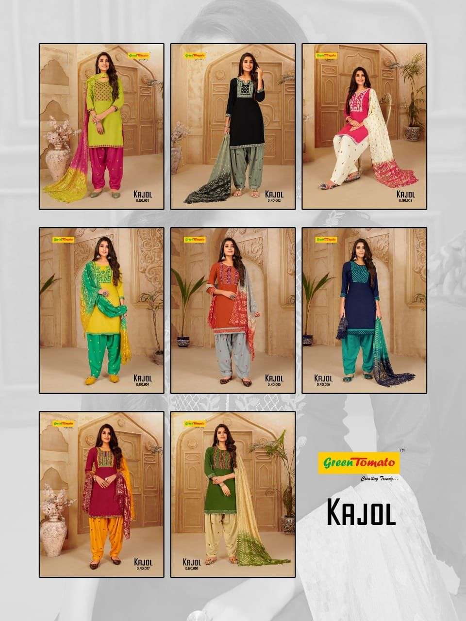 KAJOL BY GREEN TOMATO 001 TO 008 SERIES BEAUTIFUL PATIYALA SUITS COLORFUL STYLISH FANCY CASUAL WEAR & ETHNIC WEAR RAYON EMBROIDERED DRESSES AT WHOLESALE PRICE