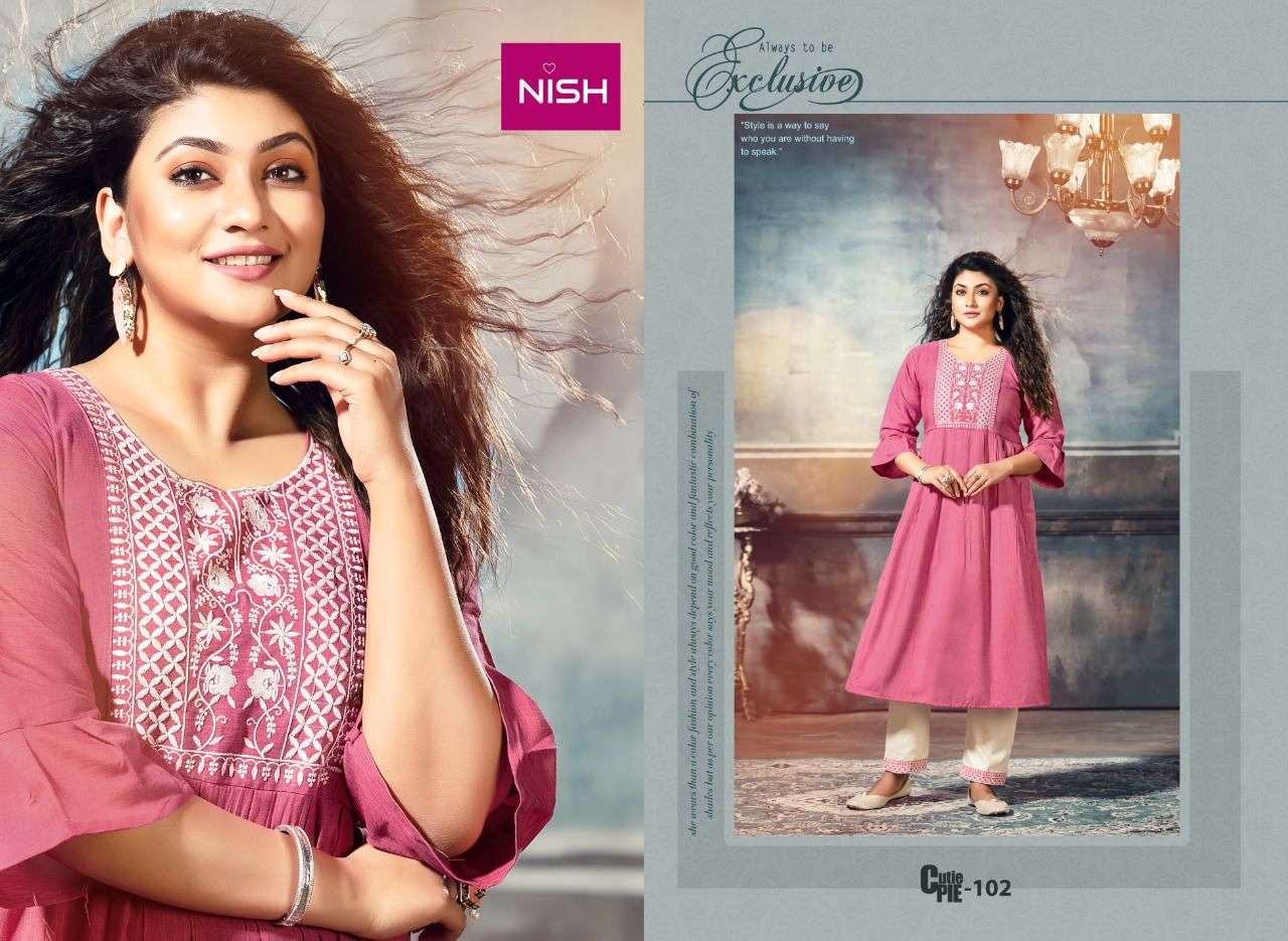 CUTIE PIE BY NISH 101 TO 106 SERIES DESIGNER STYLISH FANCY COLORFUL BEAUTIFUL PARTY WEAR & ETHNIC WEAR COLLECTION RAYON KURTIS WITH BOTTOM AT WHOLESALE PRICE