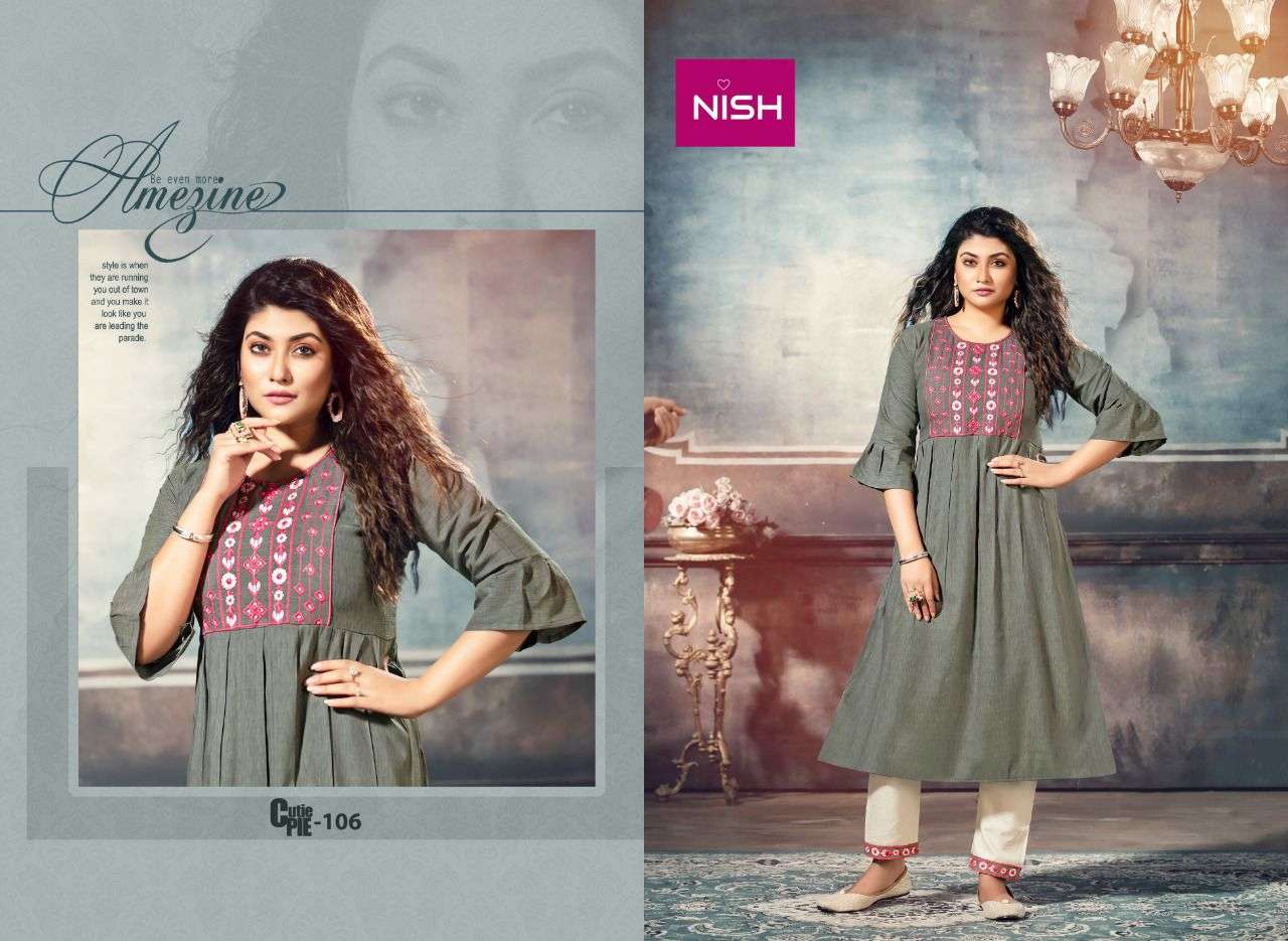 CUTIE PIE BY NISH 101 TO 106 SERIES DESIGNER STYLISH FANCY COLORFUL BEAUTIFUL PARTY WEAR & ETHNIC WEAR COLLECTION RAYON KURTIS WITH BOTTOM AT WHOLESALE PRICE