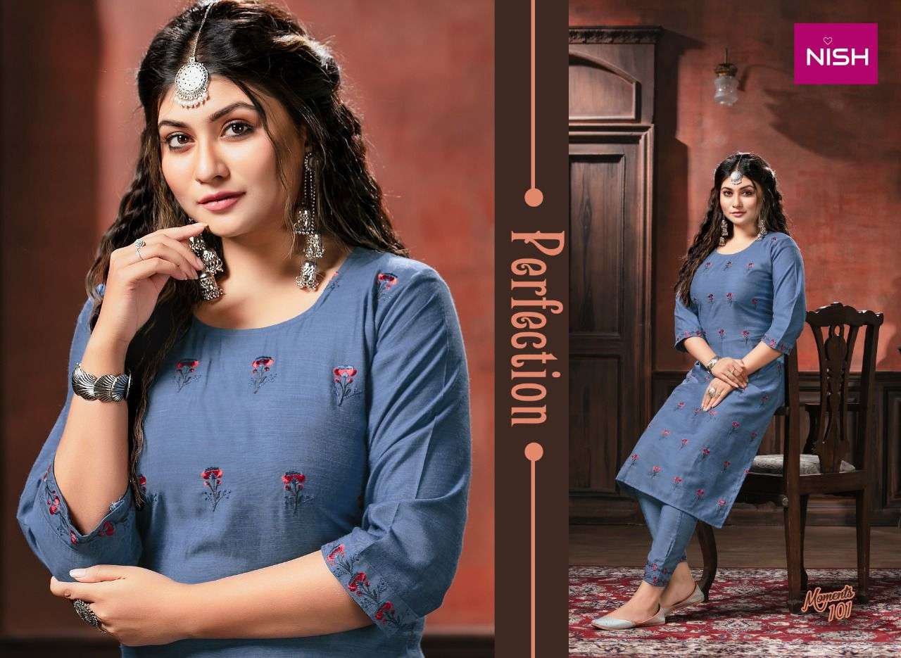 MOMENTS BY NISH 101 TO 104 SERIES DESIGNER STYLISH FANCY COLORFUL BEAUTIFUL PARTY WEAR & ETHNIC WEAR COLLECTION RAYON KURTIS WITH BOTTOM AT WHOLESALE PRICE