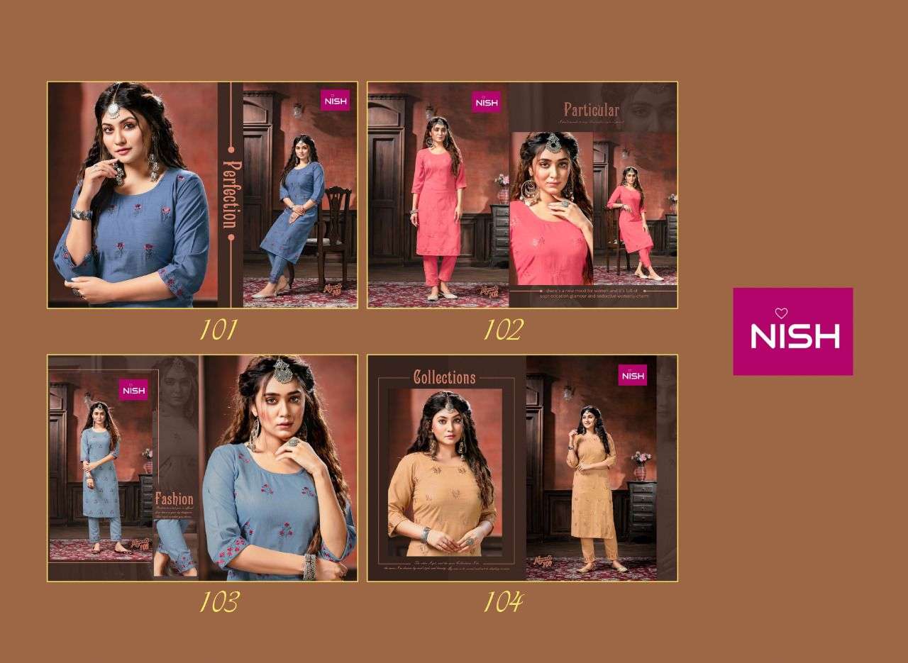 MOMENTS BY NISH 101 TO 104 SERIES DESIGNER STYLISH FANCY COLORFUL BEAUTIFUL PARTY WEAR & ETHNIC WEAR COLLECTION RAYON KURTIS WITH BOTTOM AT WHOLESALE PRICE