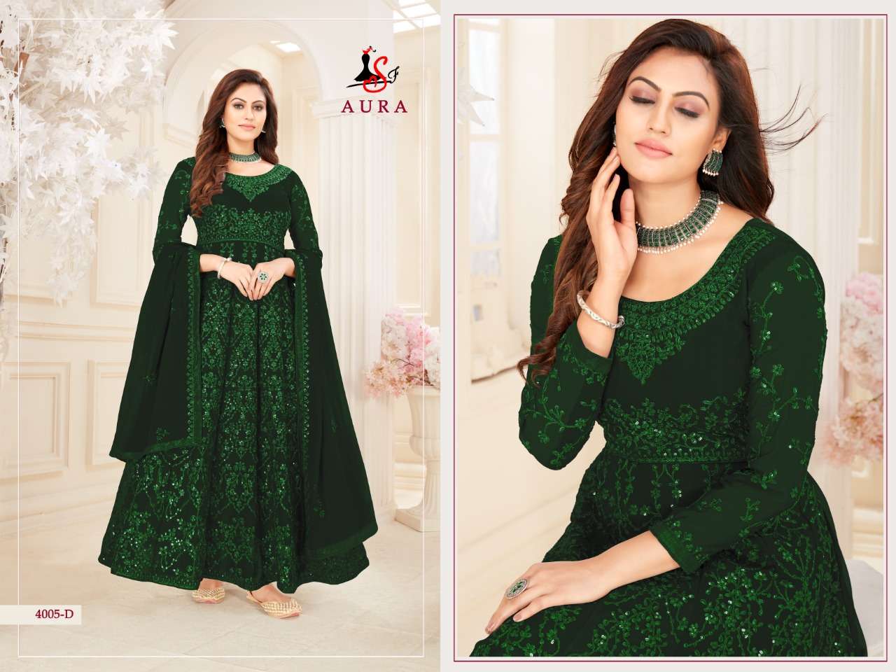AURA 4005 COLOURS BY STYLE FASHION 4005-A TO 4005-E SERIES BEAUTIFUL STYLISH ANARKALI SUITS FANCY COLORFUL CASUAL WEAR & ETHNIC WEAR & READY TO WEAR BLOOMING GEORGETTE DRESSES AT WHOLESALE PRICE