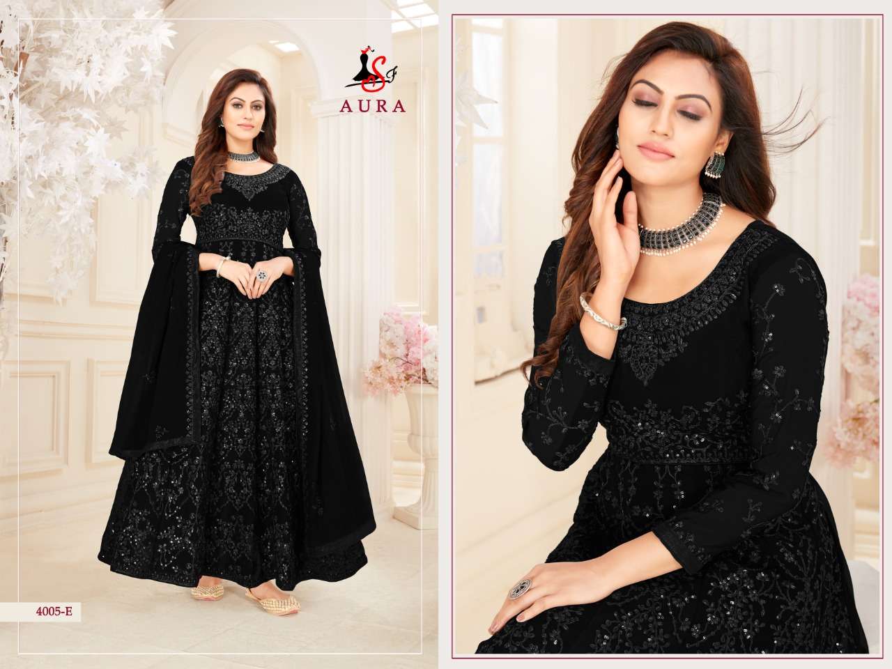 AURA 4005 COLOURS BY STYLE FASHION 4005-A TO 4005-E SERIES BEAUTIFUL STYLISH ANARKALI SUITS FANCY COLORFUL CASUAL WEAR & ETHNIC WEAR & READY TO WEAR BLOOMING GEORGETTE DRESSES AT WHOLESALE PRICE