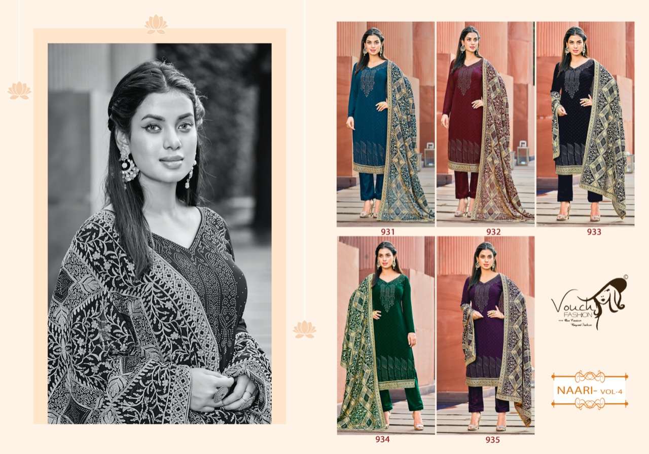 NAARI VOL-4 BY VOUCHE 931 TO 935 SERIES DESIGNER SUITS COLLECTION BEAUTIFUL STYLISH COLORFUL FANCY PARTY WEAR & OCCASIONAL WEAR GEORGETTE DRESSES AT WHOLESALE PRICE