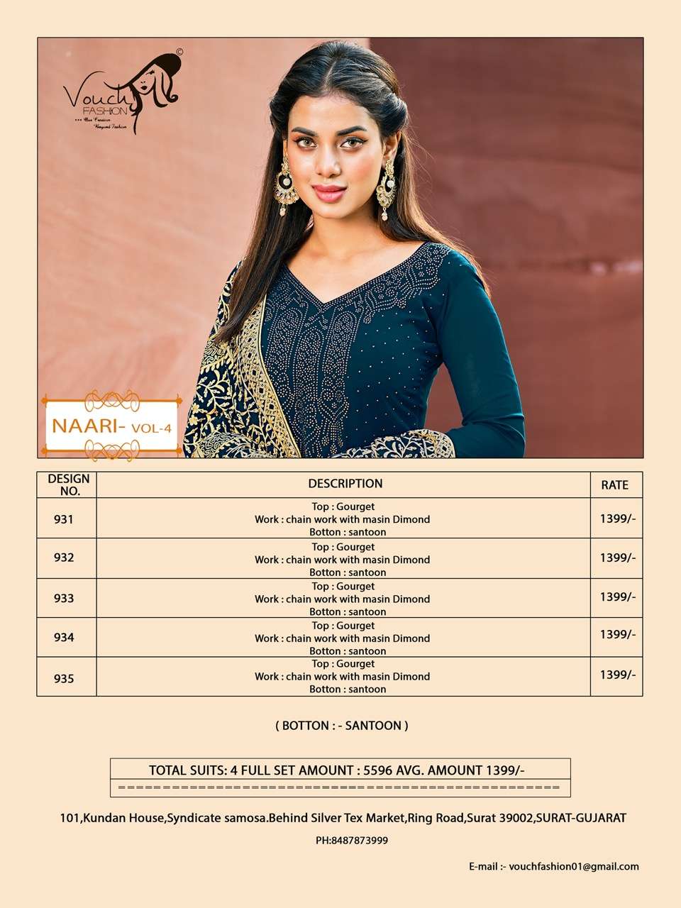 NAARI VOL-4 BY VOUCHE 931 TO 935 SERIES DESIGNER SUITS COLLECTION BEAUTIFUL STYLISH COLORFUL FANCY PARTY WEAR & OCCASIONAL WEAR GEORGETTE DRESSES AT WHOLESALE PRICE