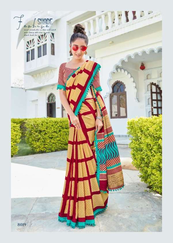 MYRA 8019 SERIES BY MYRA 8019 TO 8025 SERIES INDIAN TRADITIONAL WEAR COLLECTION BEAUTIFUL STYLISH FANCY COLORFUL PARTY WEAR & OCCASIONAL WEAR SOFT COTTON SAREES AT WHOLESALE PRICE