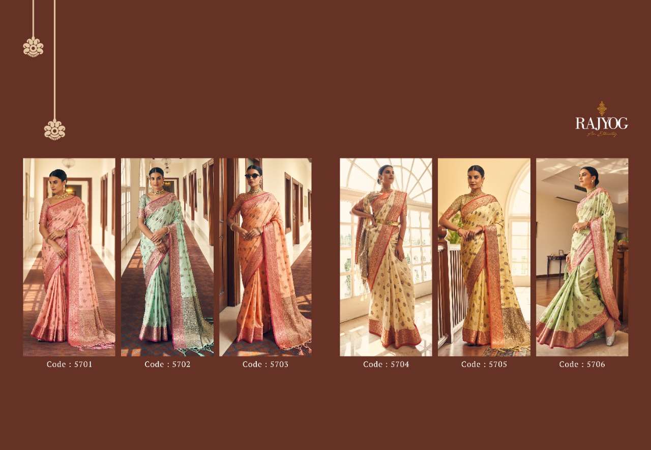 NAZAKAT BY RAJYOG 5701 TO 5706 SERIES INDIAN TRADITIONAL WEAR COLLECTION BEAUTIFUL STYLISH FANCY COLORFUL PARTY WEAR & OCCASIONAL WEAR TUSSAR SILK SAREES AT WHOLESALE PRICE