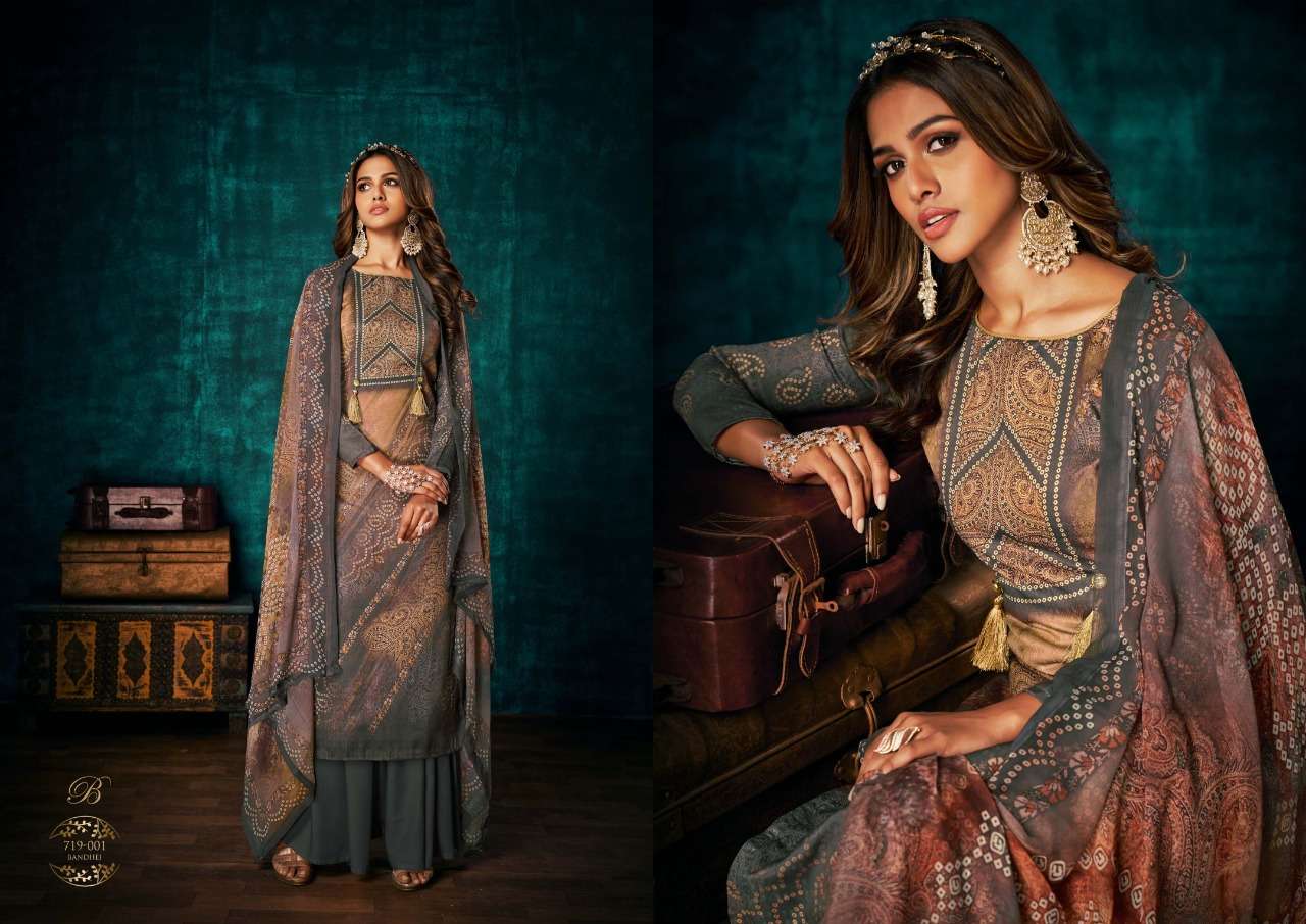 Royal Bandhej By Belliza 719-001 To 719-008 Series Beautiful Festive Suits Colorful Stylish Fancy Casual Wear & Ethnic Wear Pure Pashmina Print With Embroidered Dresses At Wholesale Price