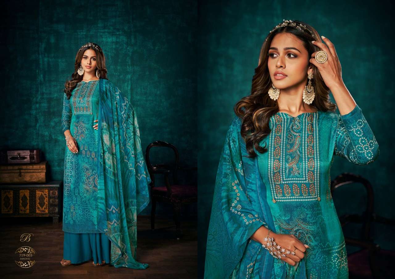 Royal Bandhej By Belliza 719-001 To 719-008 Series Beautiful Festive Suits Colorful Stylish Fancy Casual Wear & Ethnic Wear Pure Pashmina Print With Embroidered Dresses At Wholesale Price