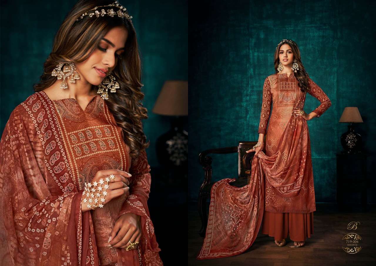 Royal Bandhej By Belliza 719-001 To 719-008 Series Beautiful Festive Suits Colorful Stylish Fancy Casual Wear & Ethnic Wear Pure Pashmina Print With Embroidered Dresses At Wholesale Price