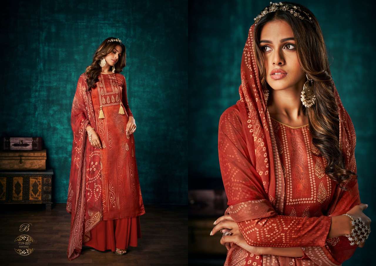 Royal Bandhej By Belliza 719-001 To 719-008 Series Beautiful Festive Suits Colorful Stylish Fancy Casual Wear & Ethnic Wear Pure Pashmina Print With Embroidered Dresses At Wholesale Price