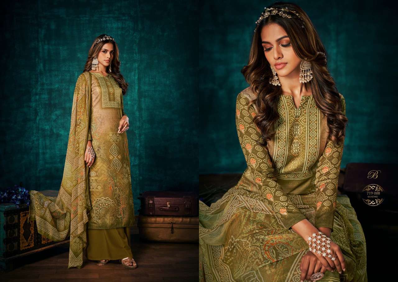 Royal Bandhej By Belliza 719-001 To 719-008 Series Beautiful Festive Suits Colorful Stylish Fancy Casual Wear & Ethnic Wear Pure Pashmina Print With Embroidered Dresses At Wholesale Price