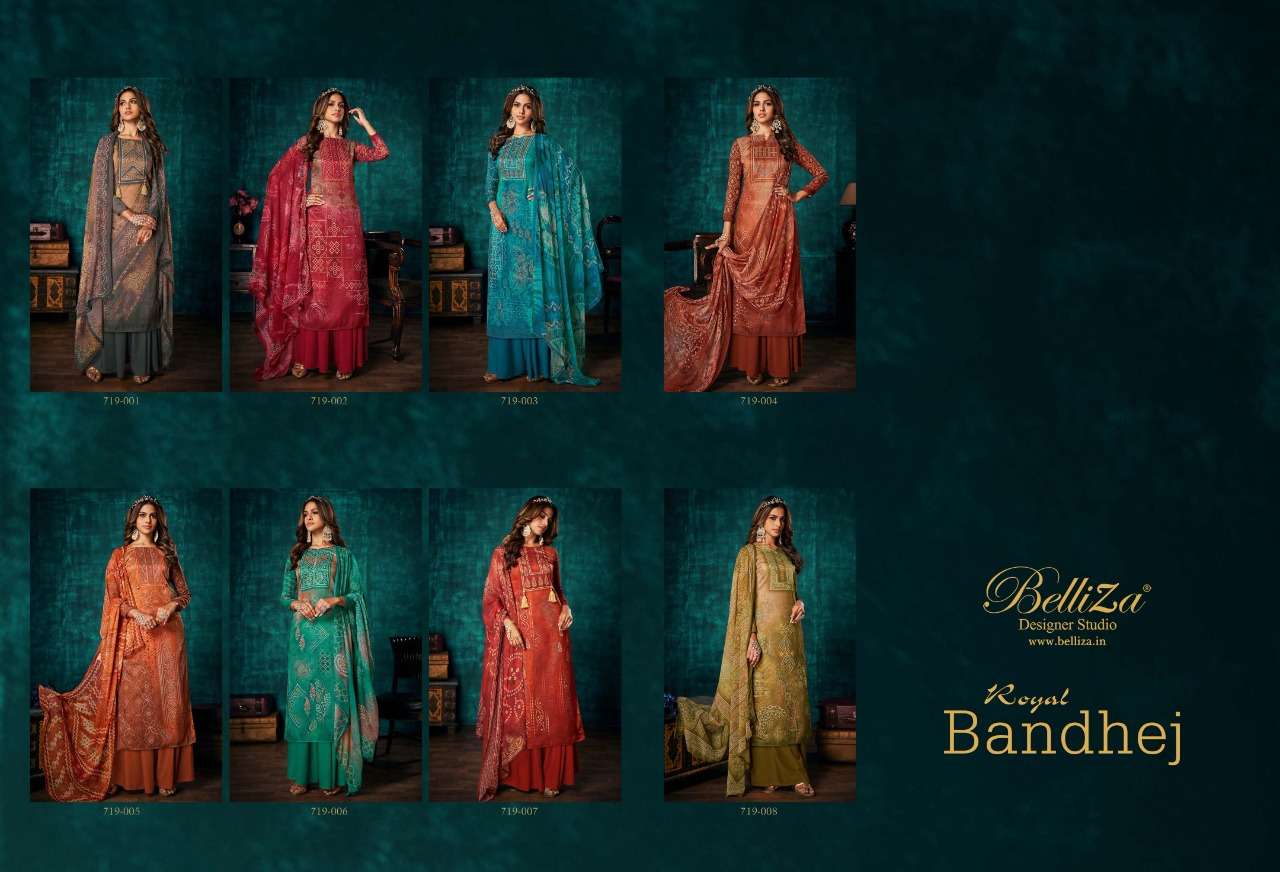 Royal Bandhej By Belliza 719-001 To 719-008 Series Beautiful Festive Suits Colorful Stylish Fancy Casual Wear & Ethnic Wear Pure Pashmina Print With Embroidered Dresses At Wholesale Price