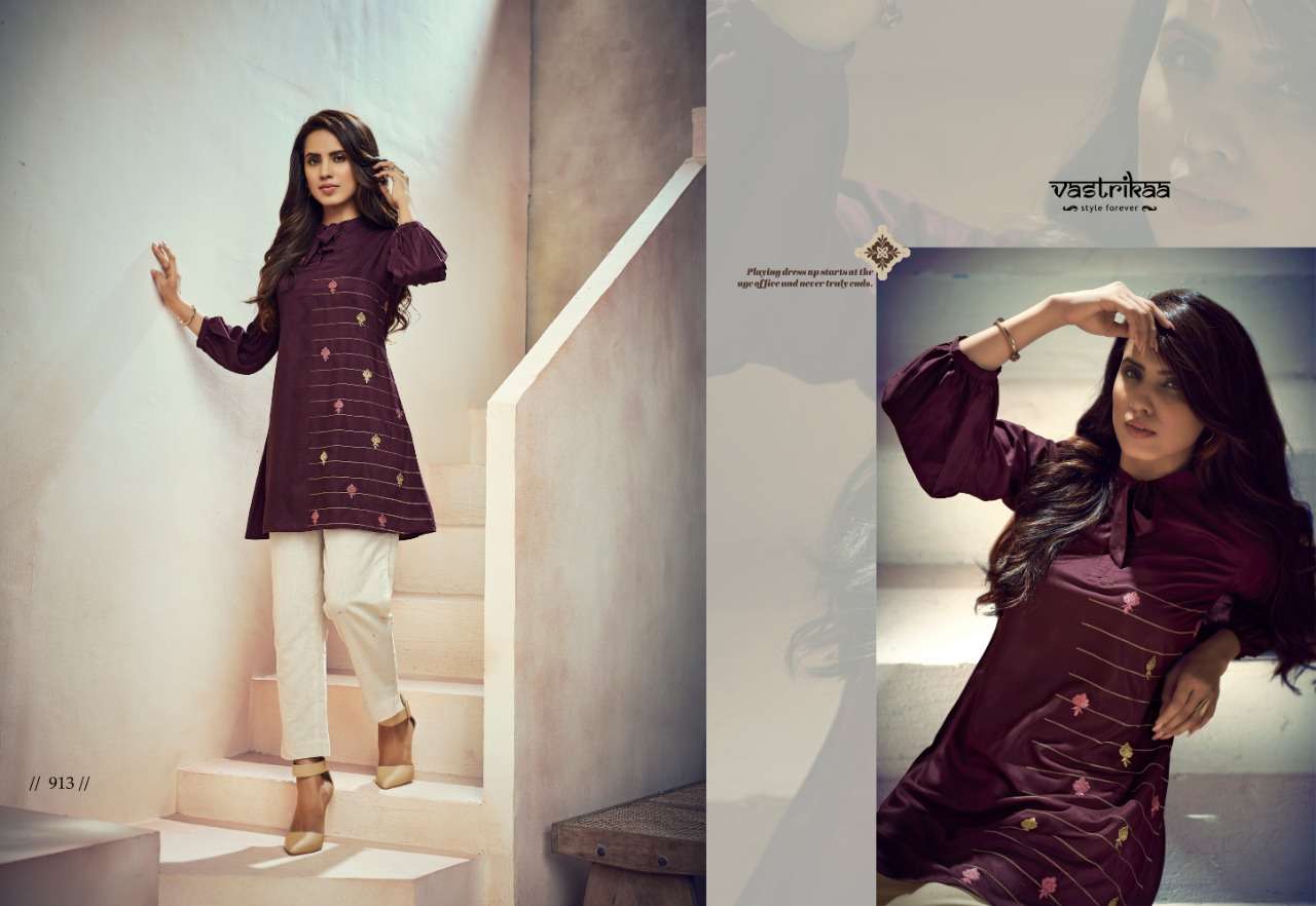 VERVE TOPS BY VASTRIKAA 911 TO 916 SERIES BEAUTIFUL STYLISH FANCY COLORFUL CASUAL WEAR & ETHNIC WEAR HEAVY MUSLIN TOPS AT WHOLESALE PRICE