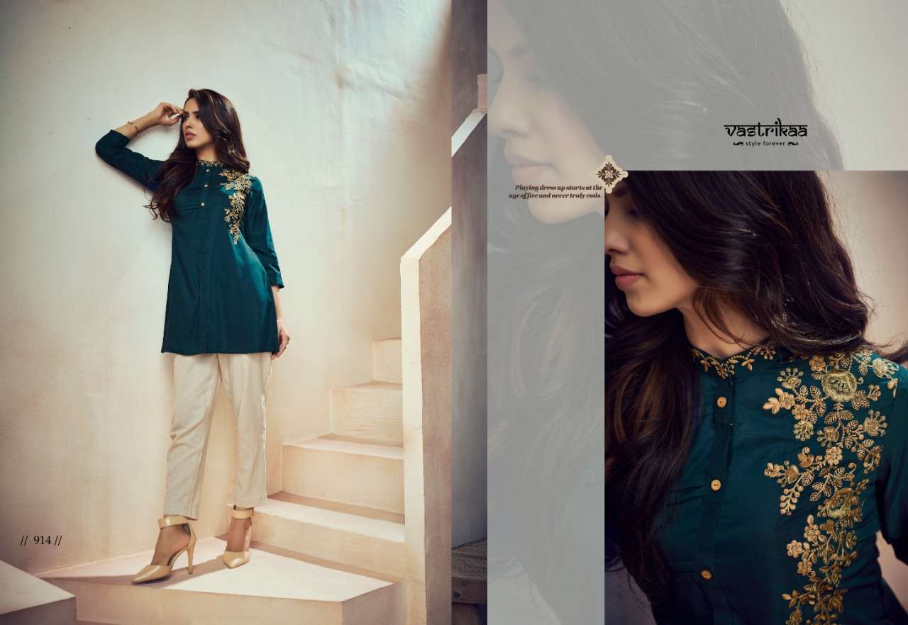 VERVE TOPS BY VASTRIKAA 911 TO 916 SERIES BEAUTIFUL STYLISH FANCY COLORFUL CASUAL WEAR & ETHNIC WEAR HEAVY MUSLIN TOPS AT WHOLESALE PRICE