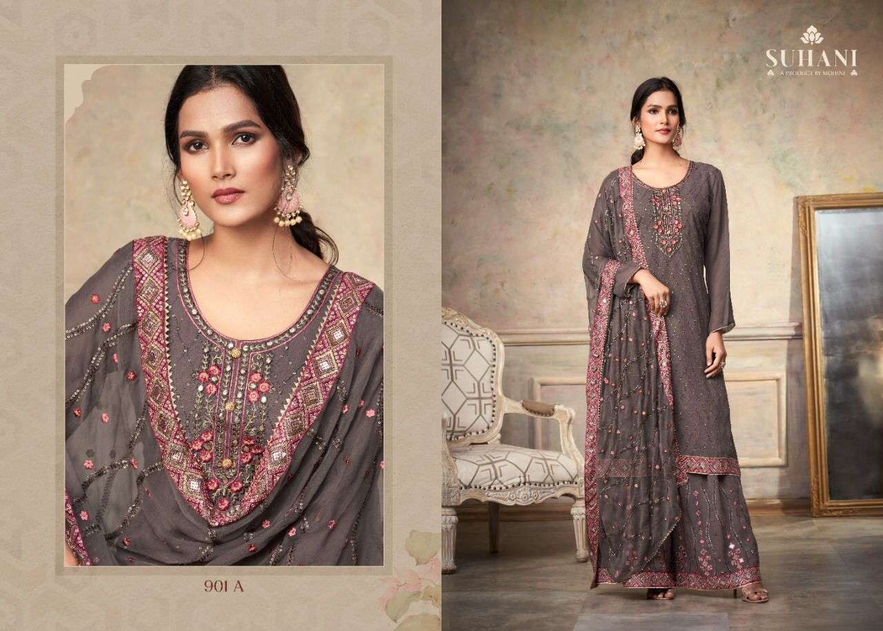 SUHANI VOL-2 BY MOHINI FASHION 901-A TO 801-D SERIES BEAUTIFUL SUITS COLORFUL STYLISH FANCY CASUAL WEAR & ETHNIC WEAR PURE VISCOSE GEORGETTE EMBROIDERED DRESSES AT WHOLESALE PRICE