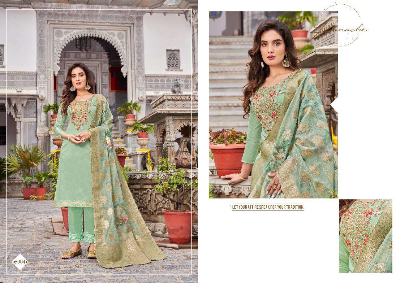 MANN MAHEK BY 7 CLOUDS 5001 TO 5006 SERIES BEAUTIFUL STYLISH SUITS FANCY COLORFUL CASUAL WEAR & ETHNIC WEAR & READY TO WEAR PURE BANARASI MODAL DRESSES AT WHOLESALE PRICE