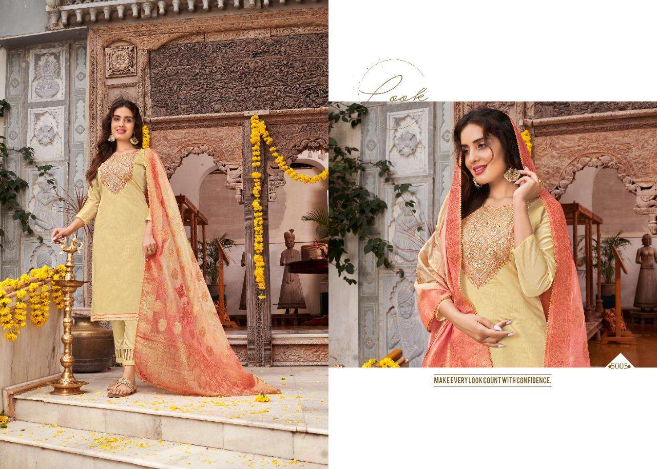 MANN MAHEK BY 7 CLOUDS 5001 TO 5006 SERIES BEAUTIFUL STYLISH SUITS FANCY COLORFUL CASUAL WEAR & ETHNIC WEAR & READY TO WEAR PURE BANARASI MODAL DRESSES AT WHOLESALE PRICE