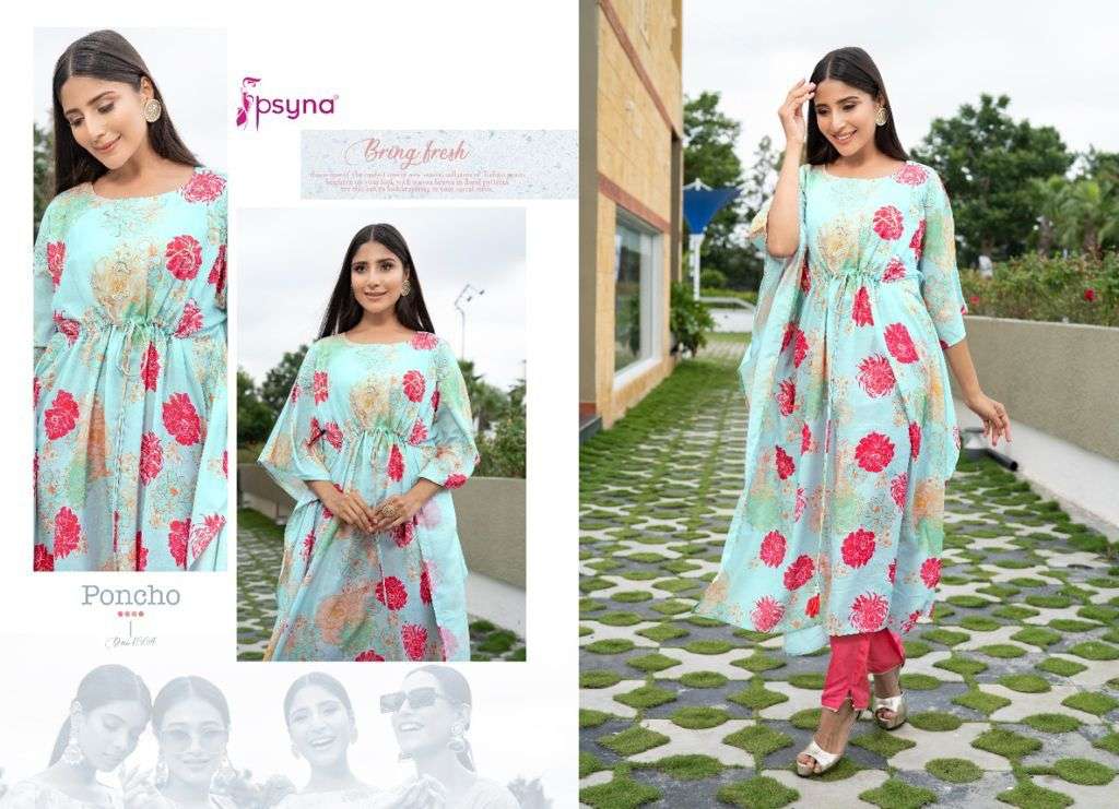 PONCHO BY PSYNA 1001 TO 1005 SERIES DESIGNER STYLISH FANCY COLORFUL BEAUTIFUL PARTY WEAR & ETHNIC WEAR COLLECTION MUSLIN PRINT KURTIS WITH BOTTOM AT WHOLESALE PRICE