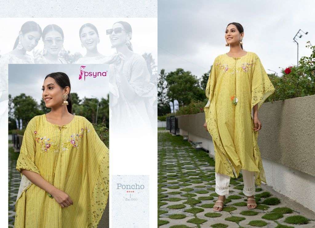 PONCHO BY PSYNA 1001 TO 1005 SERIES DESIGNER STYLISH FANCY COLORFUL BEAUTIFUL PARTY WEAR & ETHNIC WEAR COLLECTION MUSLIN PRINT KURTIS WITH BOTTOM AT WHOLESALE PRICE