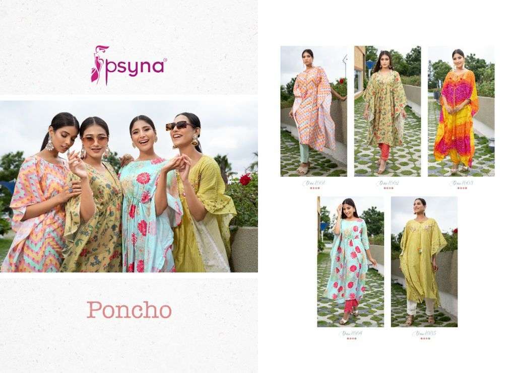 PONCHO BY PSYNA 1001 TO 1005 SERIES DESIGNER STYLISH FANCY COLORFUL BEAUTIFUL PARTY WEAR & ETHNIC WEAR COLLECTION MUSLIN PRINT KURTIS WITH BOTTOM AT WHOLESALE PRICE